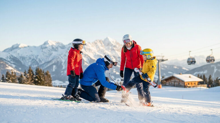 Une famille équipée pour le ski avec un père aidant son enfant à chausser ses skis sur une piste enneigée ensoleillée.