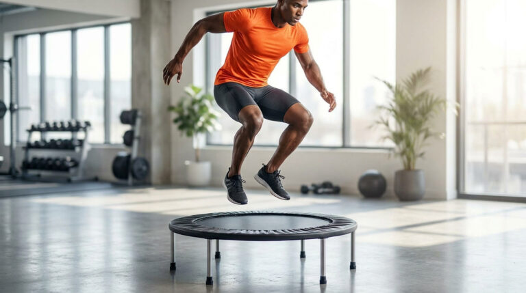 Un homme athlétique en t-shirt orange saute en l'air sur un mini trampoline dans une salle de sport lumineuse.