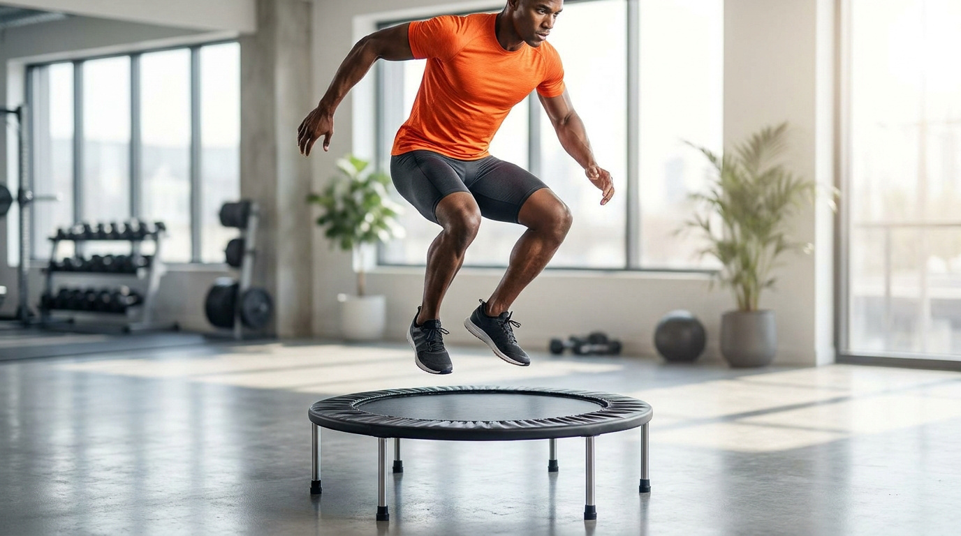 Un homme athlétique en t-shirt orange saute en l'air sur un mini trampoline dans une salle de sport lumineuse.