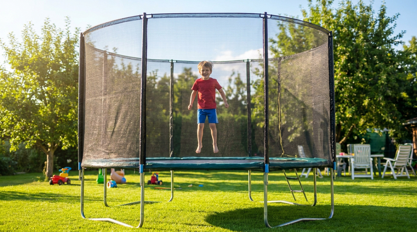 Jeune garçon souriant qui saute joyeusement sur un trampoline de jardin équipé d'un filet de sécurité protecteur.
