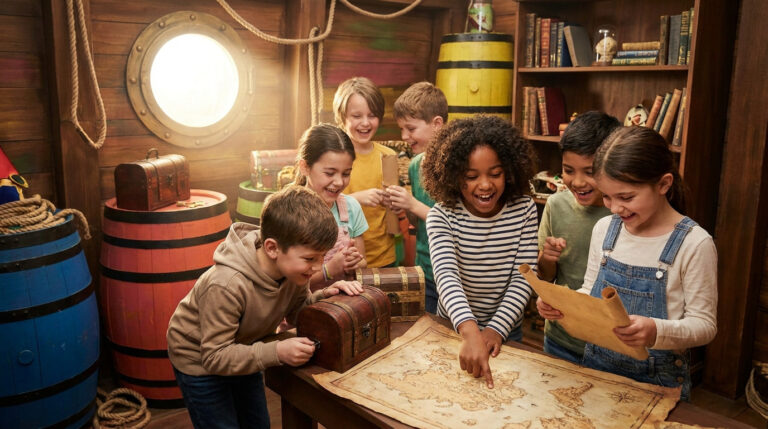Groupe d'enfants joyeux cherchant un trésor avec une carte ancienne dans un décor d'escape game sur le thème des pirates.