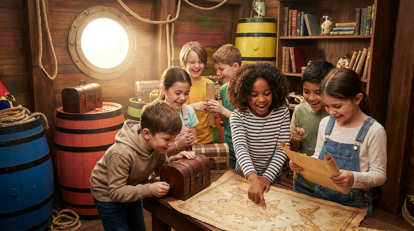 Groupe d'enfants joyeux cherchant un trésor avec une carte ancienne dans un décor d'escape game sur le thème des pirates.