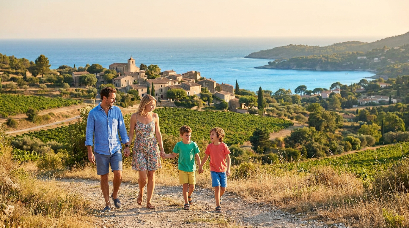 Une famille marchant main dans la main sur un sentier en Provence avec un village et la mer en arrière-plan.