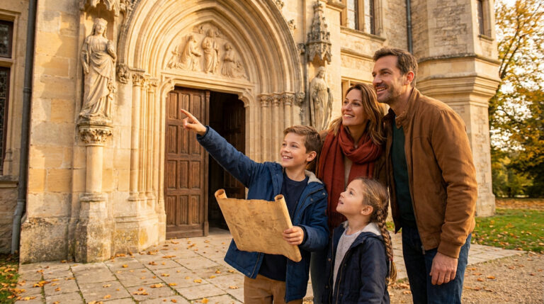 Une famille visitant un château historique, l'enfant pointe du doigt un détail architectural avec une carte à la main.