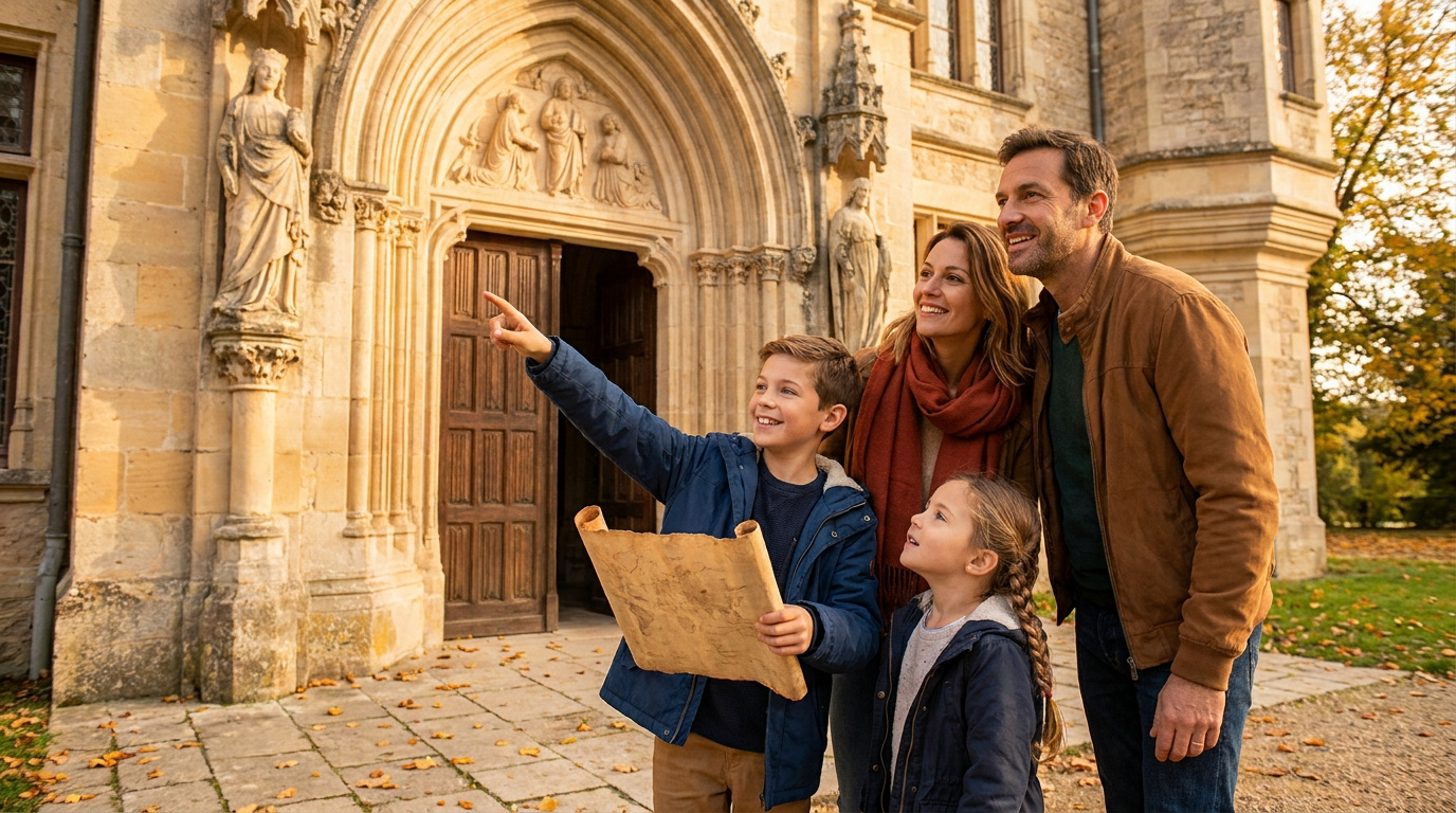 Une famille visitant un château historique, l'enfant pointe du doigt un détail architectural avec une carte à la main.