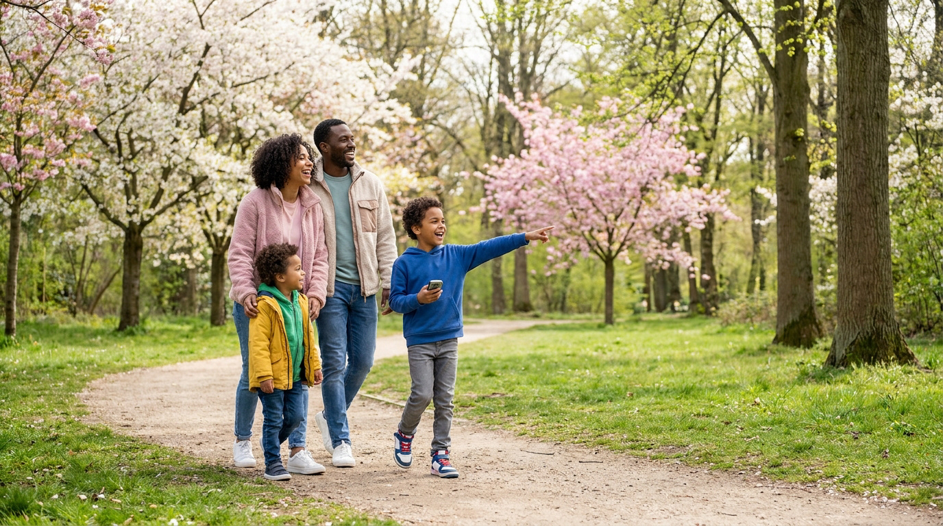 Une famille noire heureuse se promène sur un chemin de parc bordé d'arbres en fleurs au printemps.