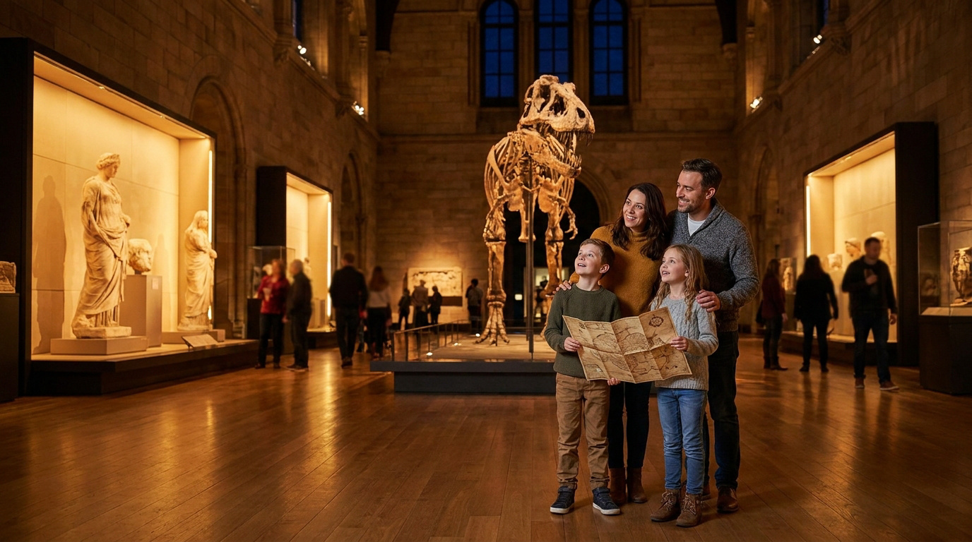 Famille explorant un musée avec un squelette de dinosaure.