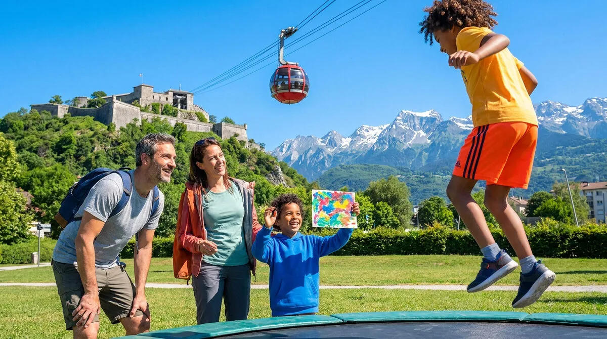 Famille joyeuse profitant d'un trampoline avec le téléphérique et la Bastille de Grenoble en arrière-plan.