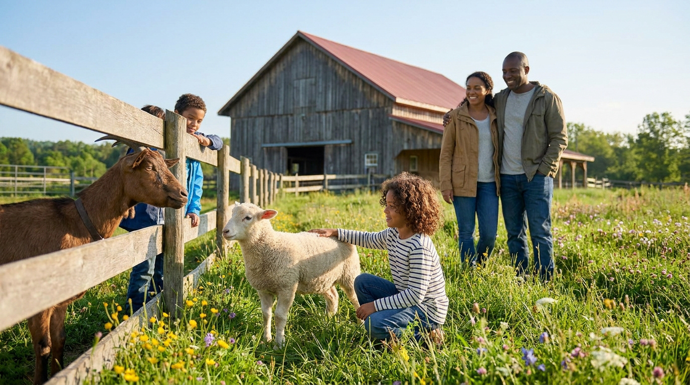 Une famille souriante interagit avec des animaux dans une ferme pédagogique, sous un ciel ensoleillé.