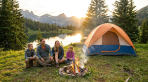 Une famille souriante assise près d'un feu de camp devant une tente, avec un lac et des montagnes en arrière-plan.