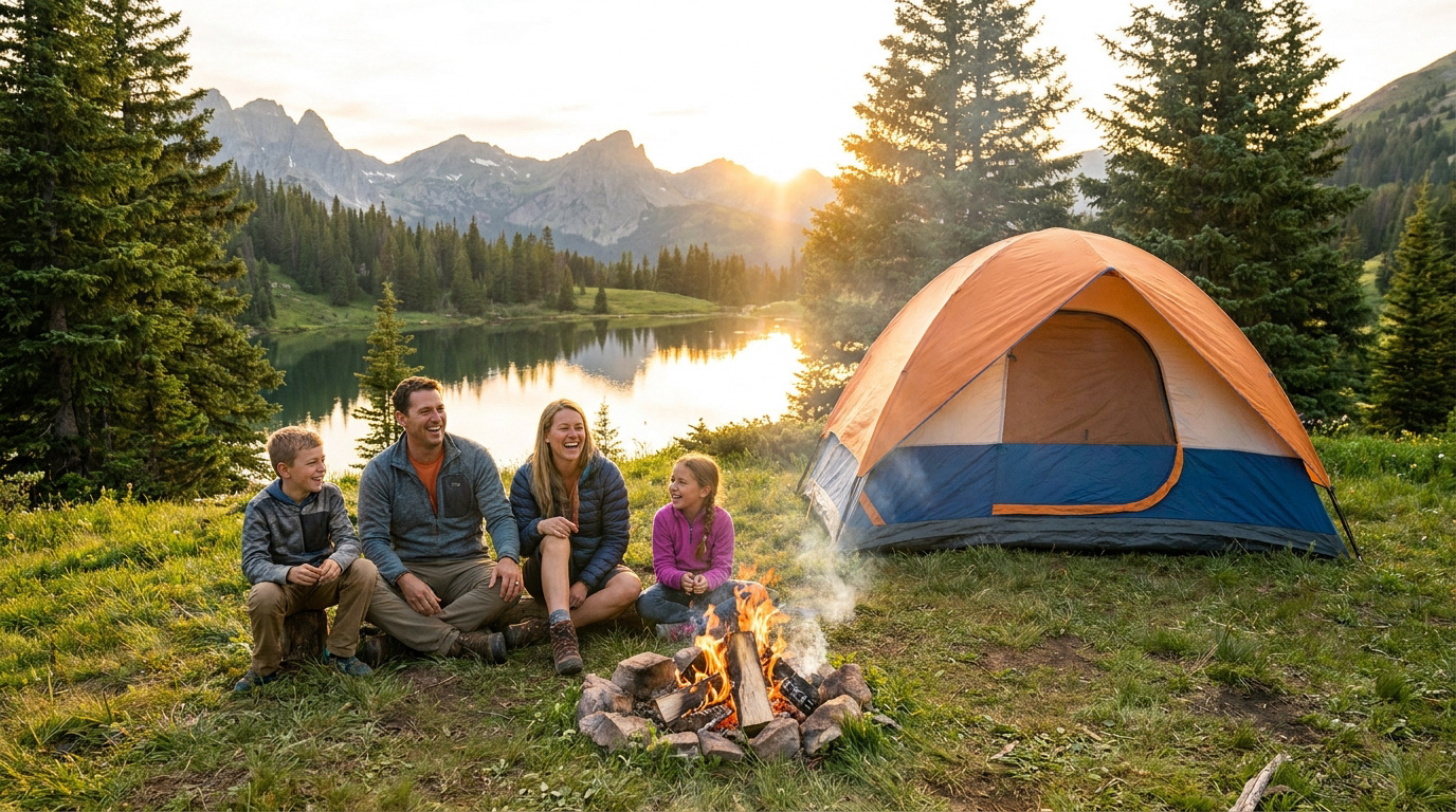Une famille souriante assise près d'un feu de camp devant une tente, avec un lac et des montagnes en arrière-plan.