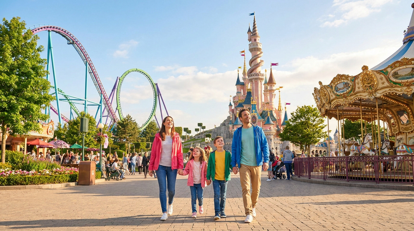 Une famille souriante marche dans un parc d'attractions avec un château féerique et des montagnes russes en arrière-plan.