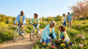 Une famille intergénérationnelle profite d'une journée ensoleillée en faisant du vélo et en plantant des fleurs au jardin.