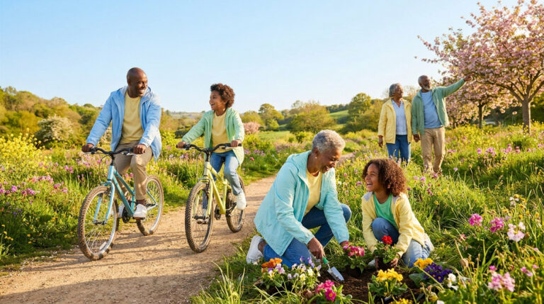 Une famille intergénérationnelle profite d'une journée ensoleillée en faisant du vélo et en plantant des fleurs au jardin.