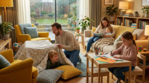 Famille heureuse jouant dans un salon confortable par temps de pluie avec une cabane en couverture et du coloriage.