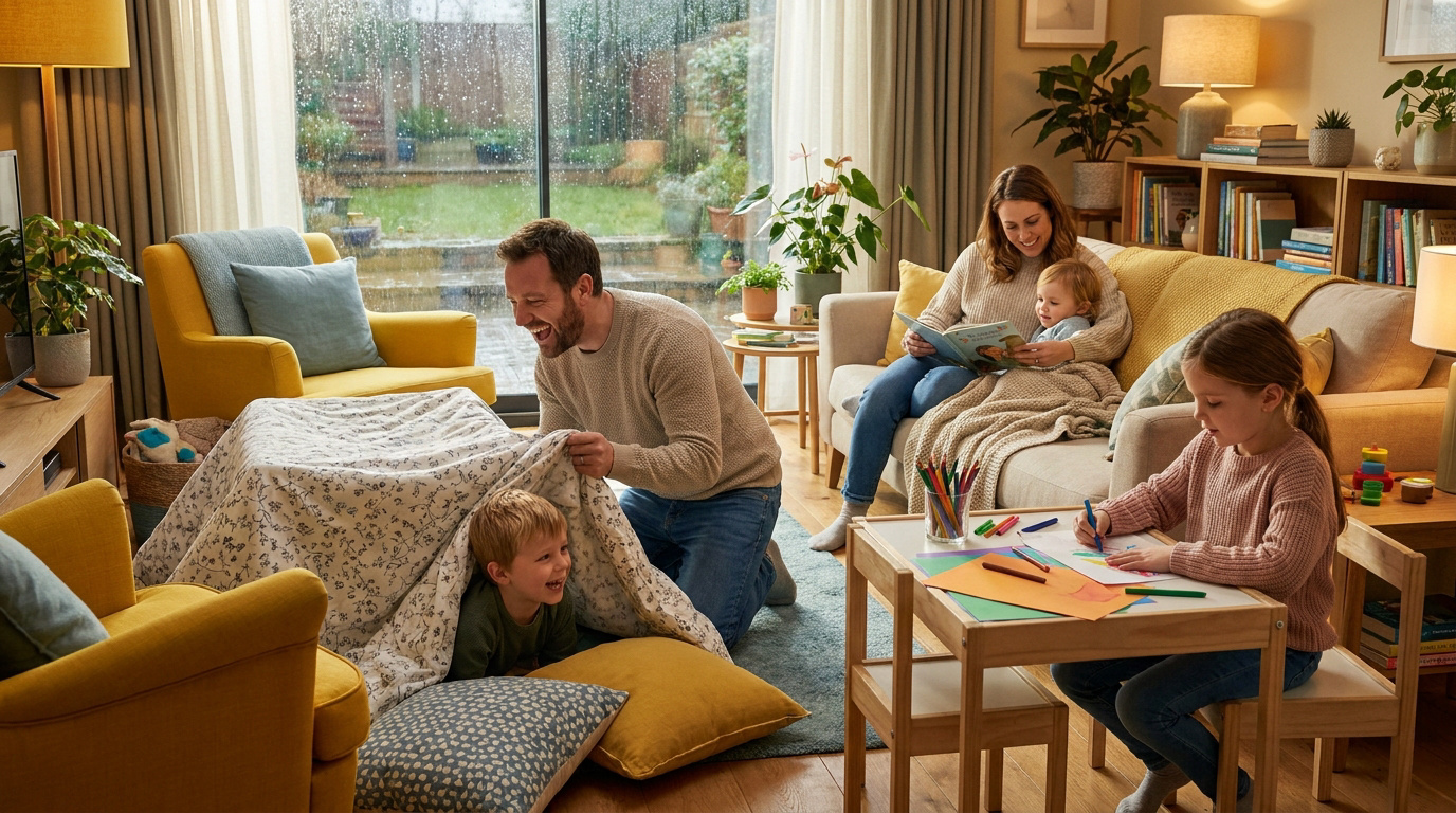 Famille heureuse jouant dans un salon confortable par temps de pluie avec une cabane en couverture et du coloriage.