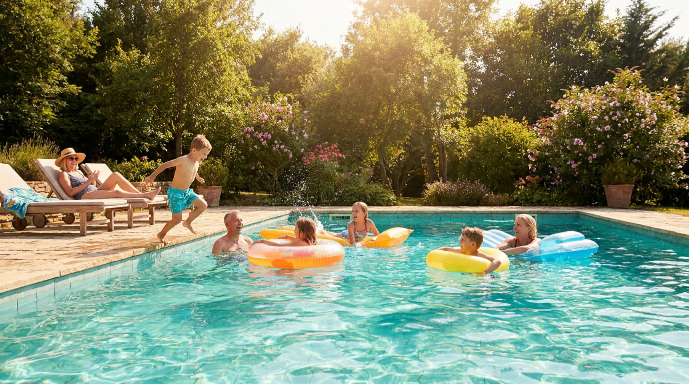 Une famille heureuse joue dans une piscine ensoleillée, un enfant saute dans l'eau tandis que les autres utilisent des bouées.