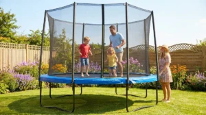 Une famille s'amuse sur un grand trampoline bleu avec filet de sécurité dans un jardin fleuri ensoleillé.