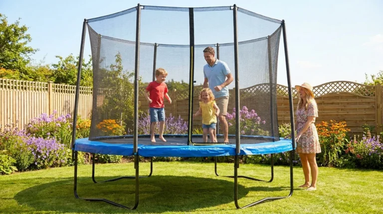 Une famille s'amuse sur un grand trampoline bleu avec filet de sécurité dans un jardin fleuri ensoleillé.