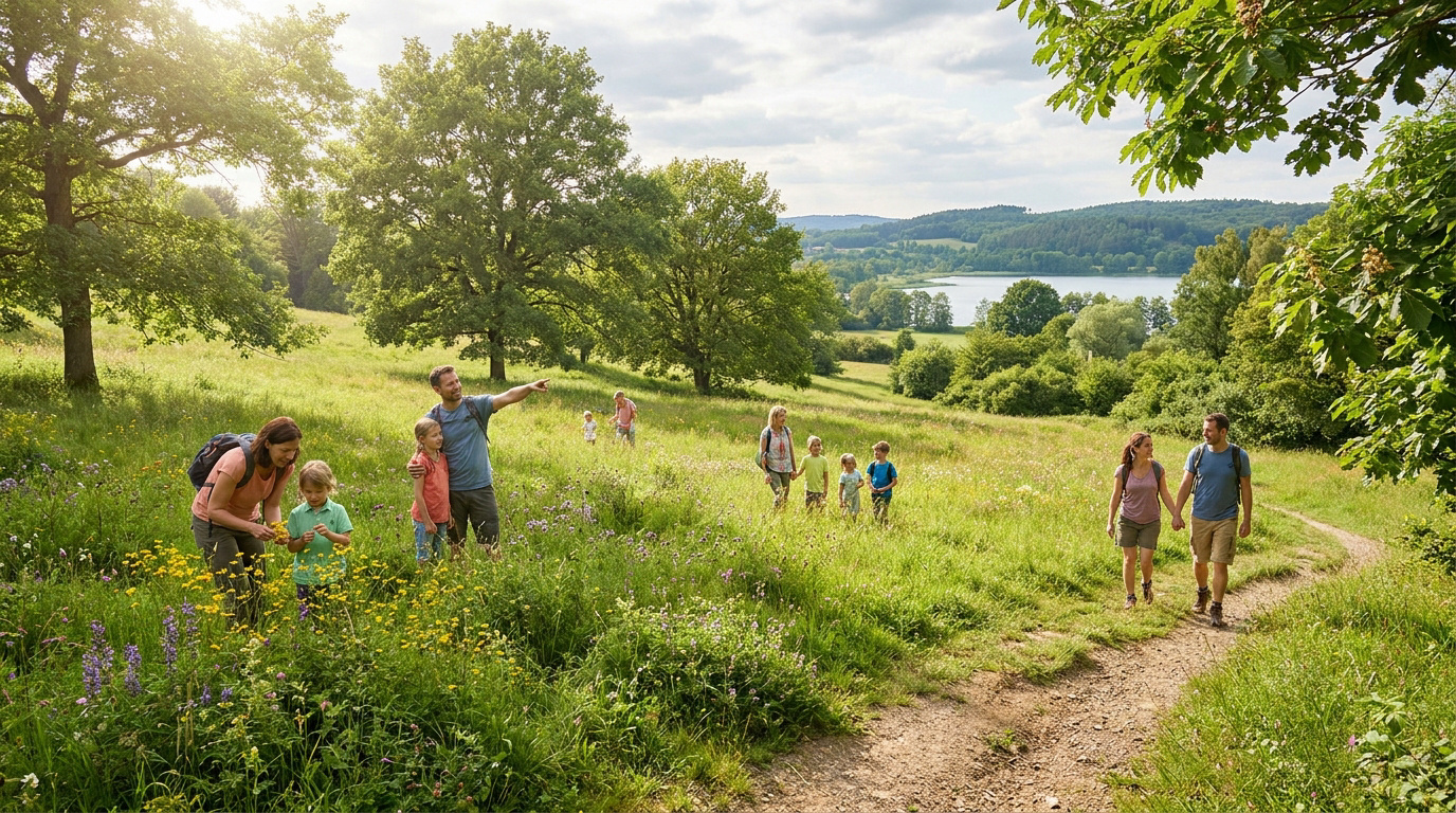 Un groupe de familles se promène dans une prairie fleurie et ensoleillée avec un lac en arrière-plan.