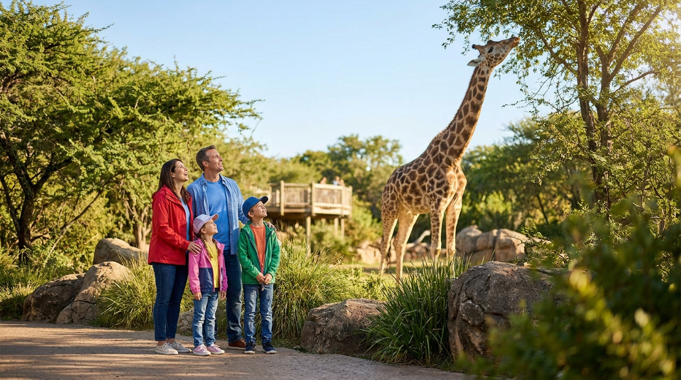 Une famille observe une girafe mangeant dans les arbres lors d'une visite au zoo ensoleillée.