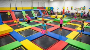 Groupe d'enfants joyeux sautant sur des trampolines colorés dans un parc intérieur pour un anniversaire.