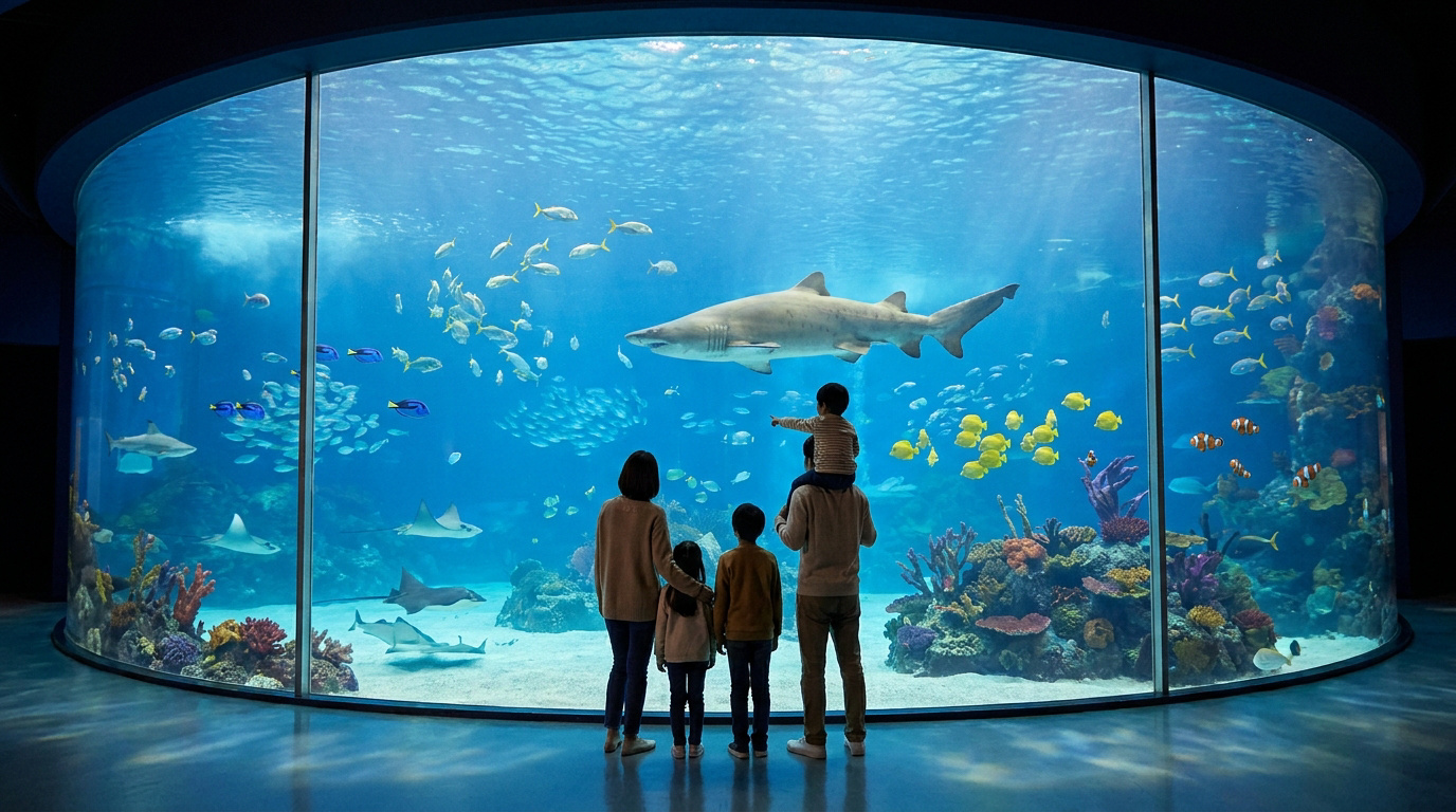 Une famille observe un grand requin et des poissons tropicaux dans un immense aquarium sous-marin.
