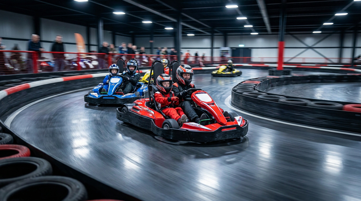 Famille et amis en kart biplace sur une piste de karting intérieure avec des casques et combinaisons.