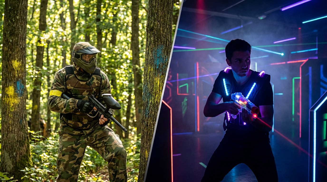 Comparaison entre un joueur de paintball en forêt et un joueur de laser game dans une salle aux néons colorés.