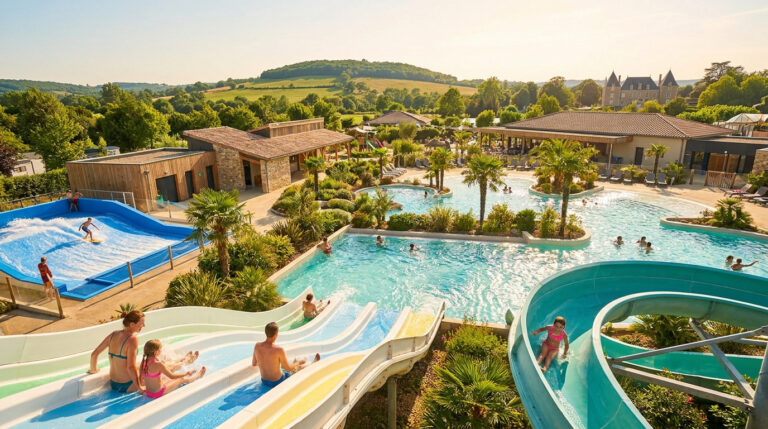 Piscine extérieure d'un parc aquatique avec des toboggans, une zone de surf et un paysage verdoyant en arrière-plan.