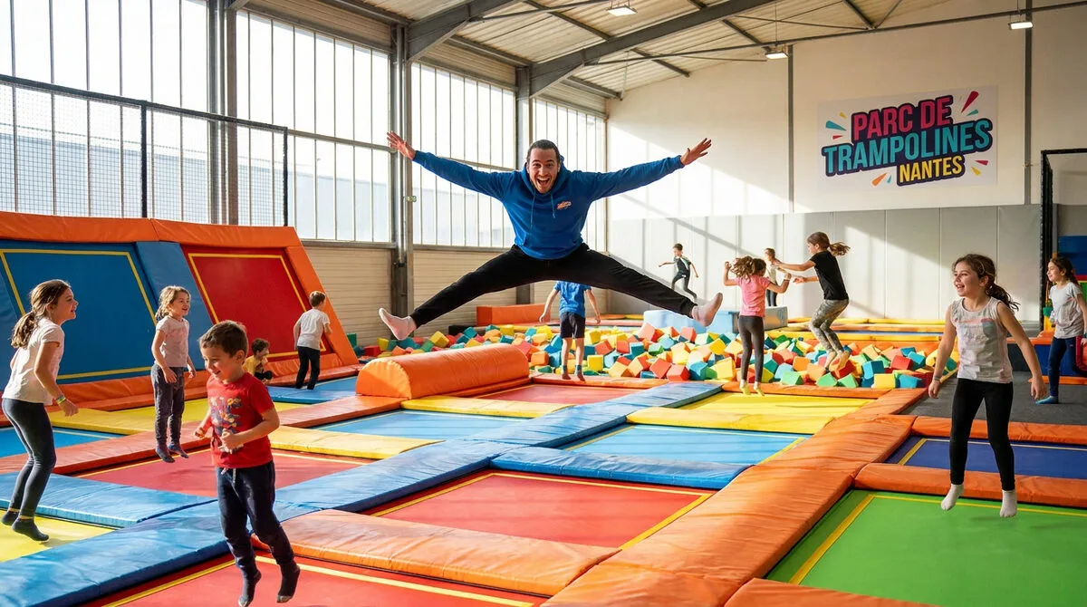 Un animateur saute haut au-dessus d'un trampoline dans un parc de jeux pour enfants coloré et lumineux à Nantes.