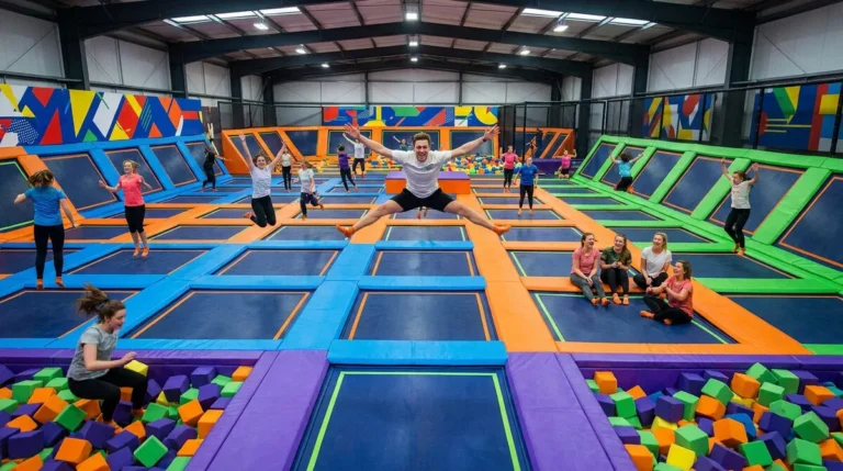 Groupe de jeunes sautant joyeusement sur des trampolines dans un parc indoor coloré.