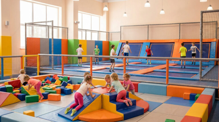 Des enfants s'amusent dans un trampoline park avec une zone de saut et un espace de jeux en mousse coloré.