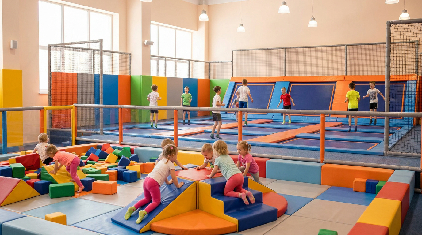 Des enfants s'amusent dans un trampoline park avec une zone de saut et un espace de jeux en mousse coloré.