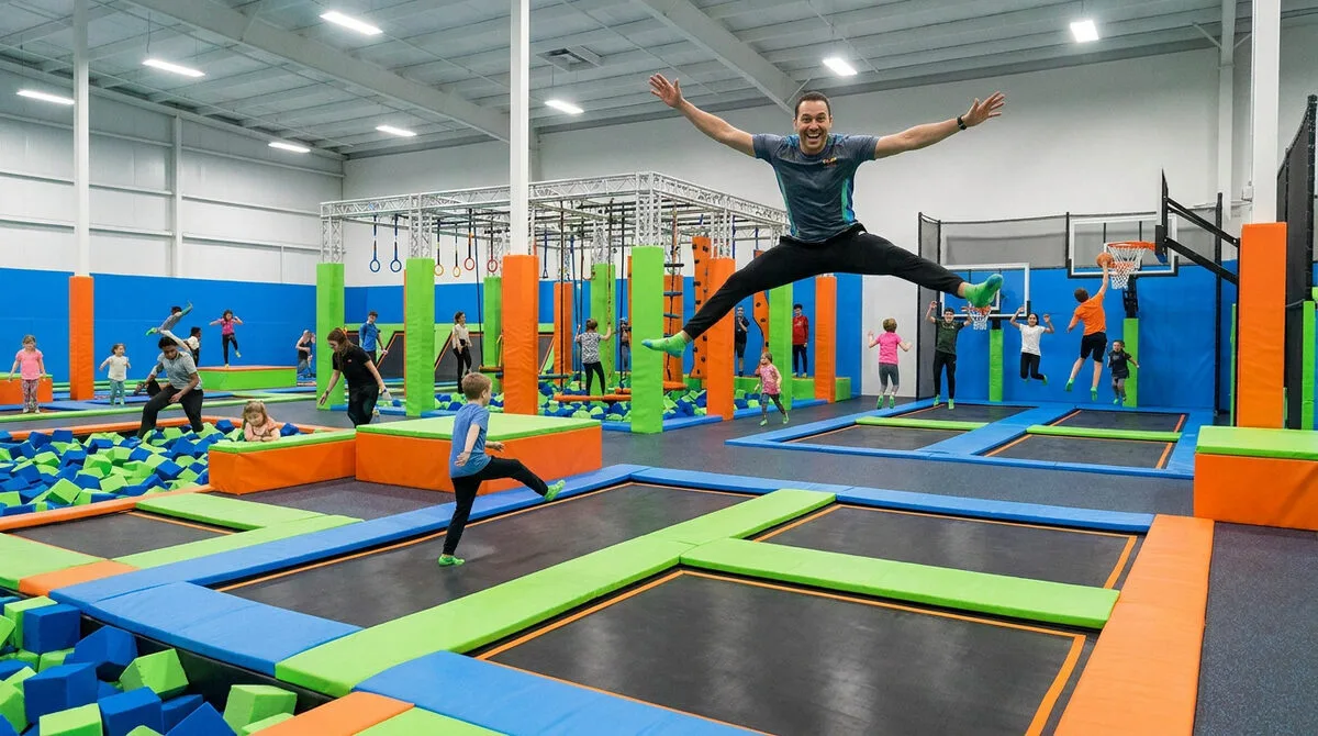 Un homme saute joyeusement sur un trampoline dans un parc intérieur coloré rempli d'enfants et d'équipements ludiques.