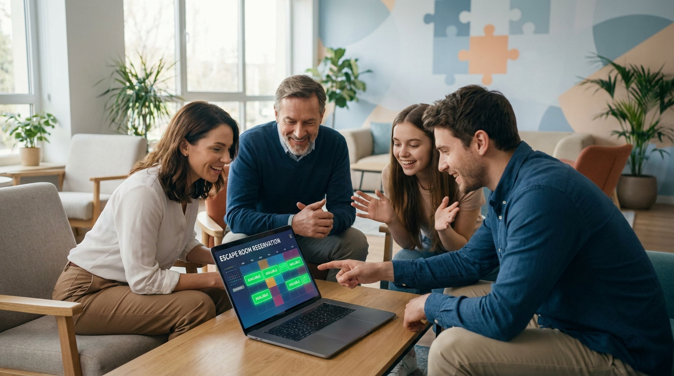 Une famille souriante choisit une date pour un escape game sur un ordinateur portable dans un salon lumineux.