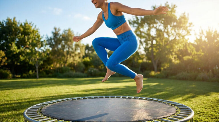 Une femme souriante en tenue de sport bleue saute en l'air sur un trampoline dans un jardin ensoleillé.