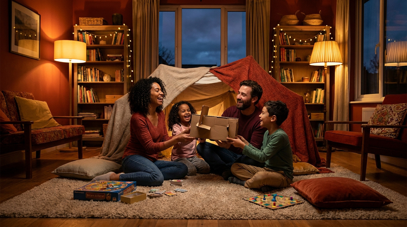 Une famille heureuse s'amuse dans une cabane en couverture dans un salon chaleureux le soir.