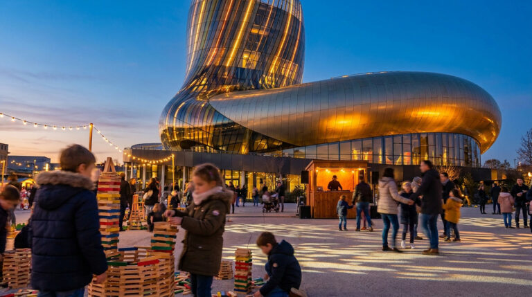 Enfants jouant avec des jeux en bois sur l'esplanade devant la Cité du Vin illuminée au coucher du soleil.