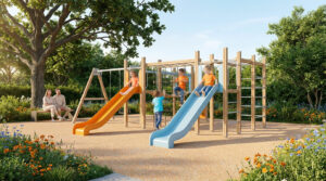 Enfants jouant sur une structure en bois avec deux toboggans dans un parc arboré avec des parents assis sur un banc.