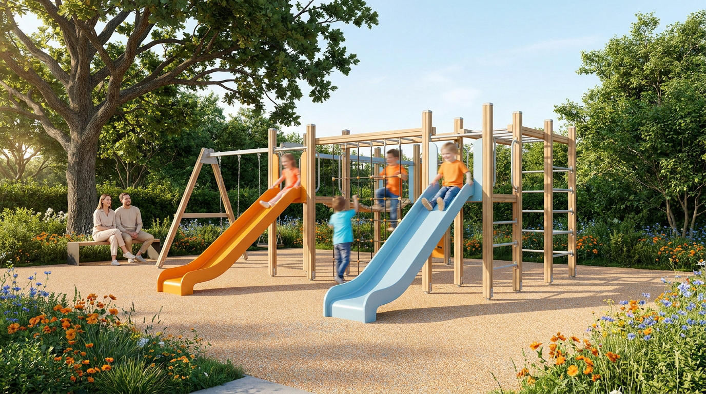 Enfants jouant sur une structure en bois avec deux toboggans dans un parc arboré avec des parents assis sur un banc.