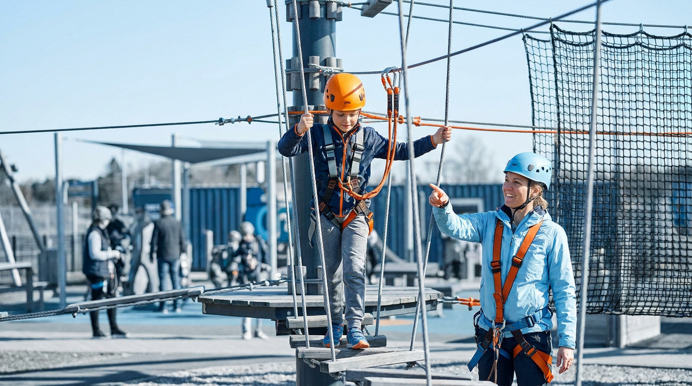 Un jeune garçon en casque orange progresse sur un parcours d'accrobranche encadré par une monitrice souriante.