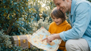 Un père et son jeune enfant excités regardent une carte au trésor dans un jardin avec un coffre en arrière-plan.