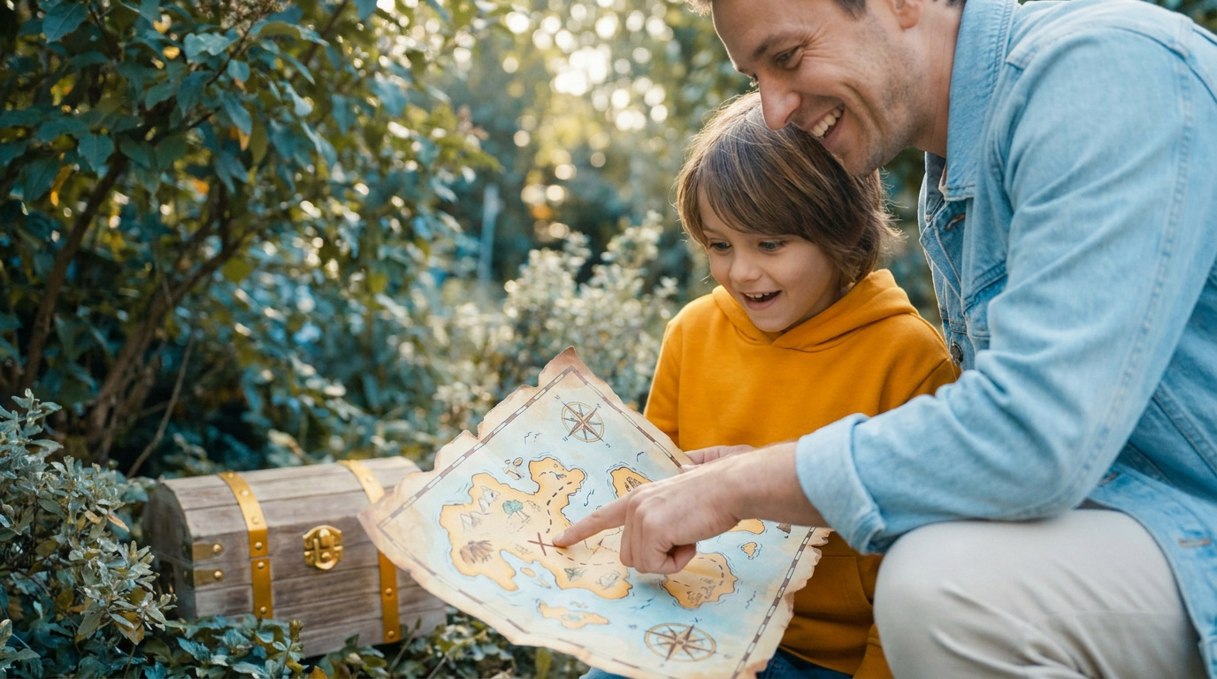 Un père et son jeune enfant excités regardent une carte au trésor dans un jardin avec un coffre en arrière-plan.