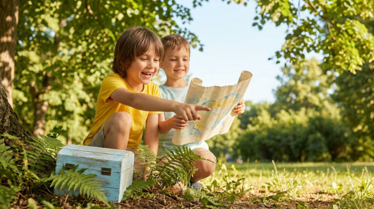 Deux jeunes enfants souriants en forêt regardent une carte au trésor ancienne avec un petit coffre à côté d'eux.