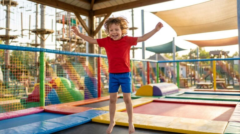 Un petit garçon joyeux en t-shirt rouge saute haut sur un trampoline coloré dans un parc de jeux en plein air.