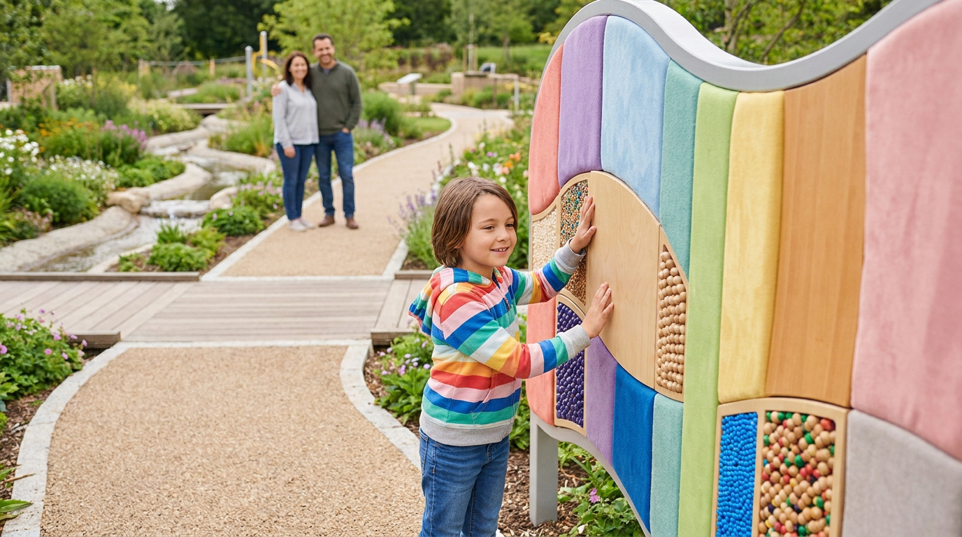 Enfant souriant jouant avec un panneau sensoriel coloré dans un parc, sous le regard bienveillant de ses parents.