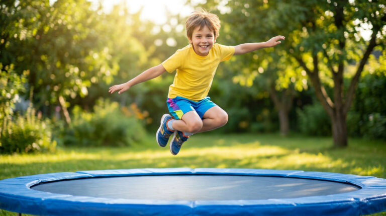 Jeune garçon souriant sautant joyeusement sur un trampoline dans un jardin ensoleillé.