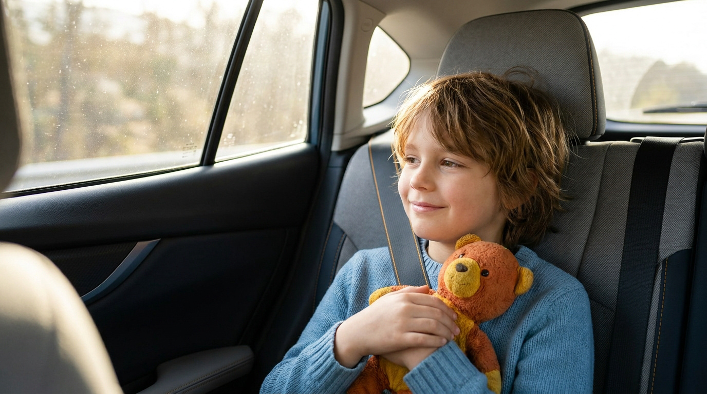 Un petit garçon aux cheveux châtains sourit en voiture en tenant son ours en peluche, confortablement attaché.