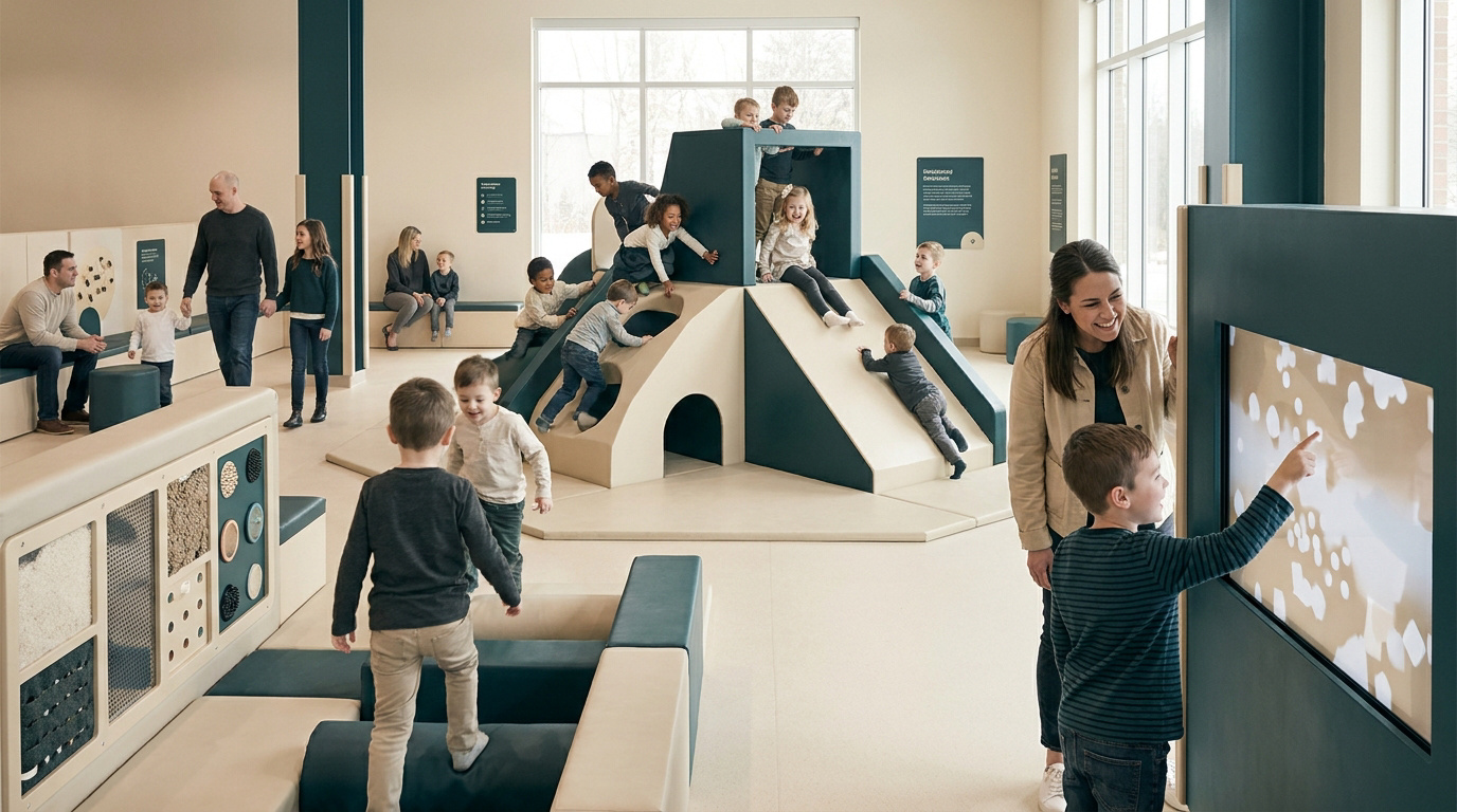 Enfants jouant dans un espace intérieur moderne avec une structure d'escalade, des toboggans et un écran tactile interactif.